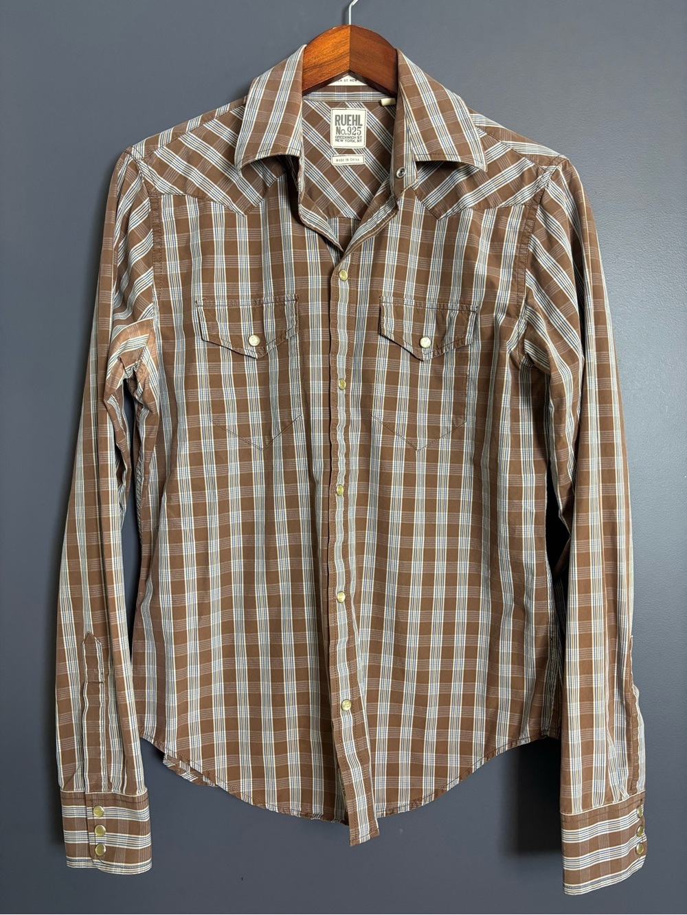 Abercrombie Ruehl No 925 Brown Plaid Western Pearl Snap Button Down Shirt Small